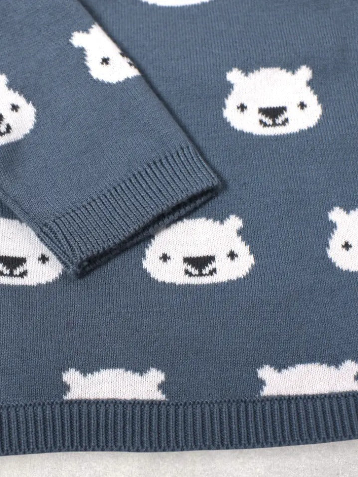 Cozy Bear Jacquard Knit Side Button Sweater (Organic Cotton)
